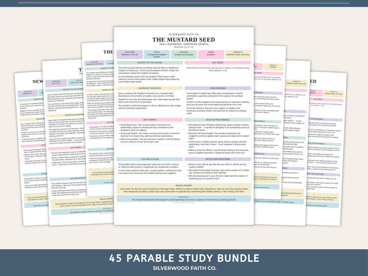 Parables of Jesus Study Guide, 45 Parable Summaries Bible Study Notes, Jesus Teachings, Christian Story Lessons,PASTEL(Digital Download) 545