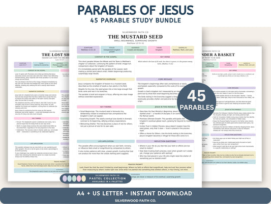 Parables of Jesus Study Guide, 45 Parable Summaries Bible Study Notes, Jesus Teachings, Christian Story Lessons, PASTEL (Digital Download)