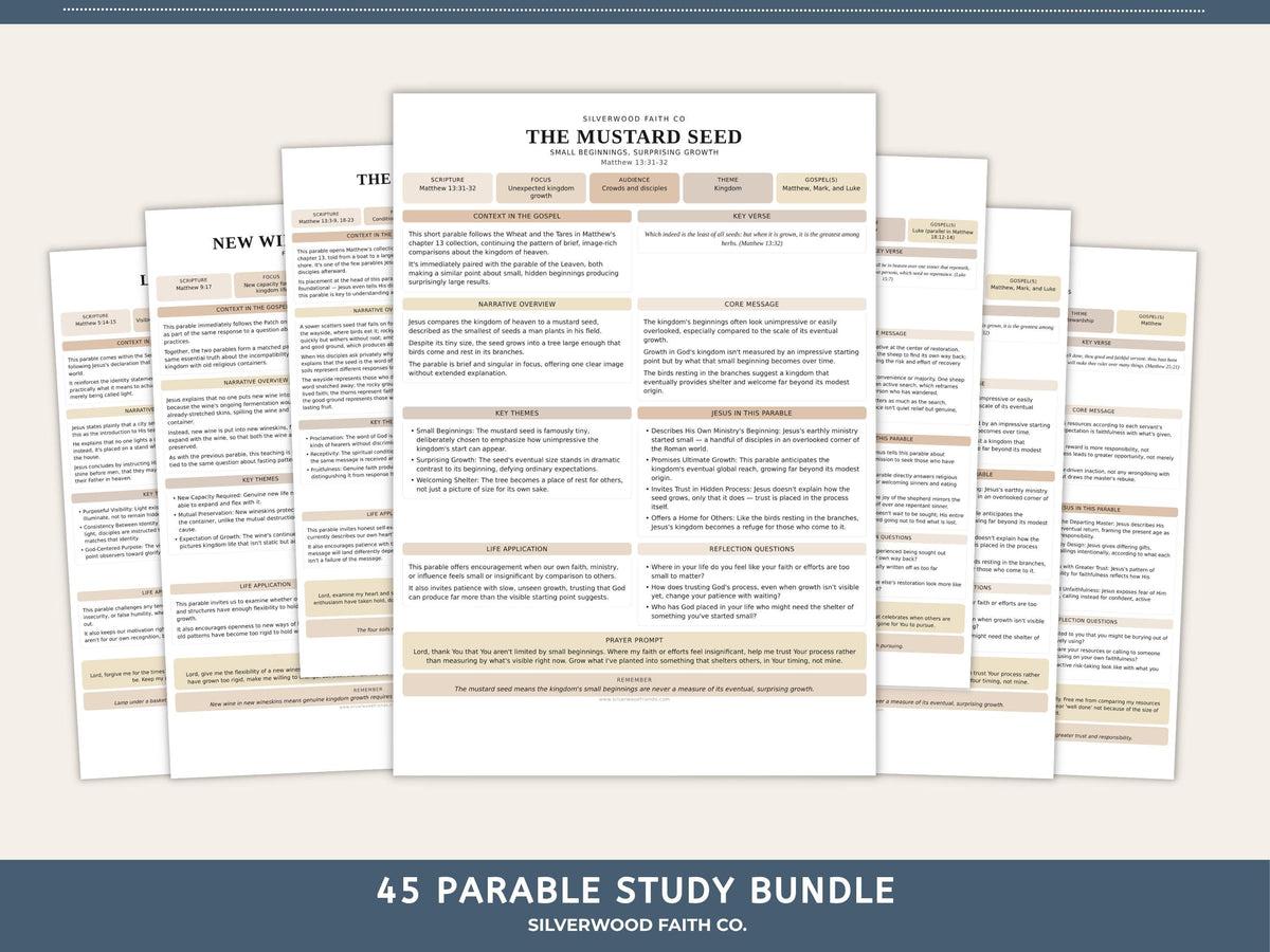 Parables of Jesus Study Guide, 45 Parable Summaries Bible Study Notes, Jesus Teachings, Christian Lessons, CASHMERE (Digital Download) 544