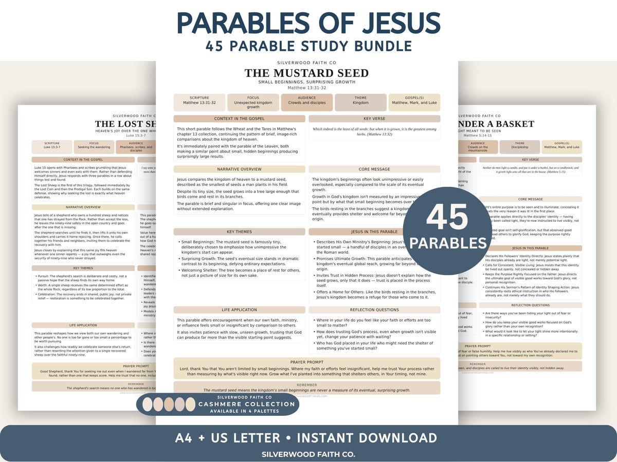 Parables of Jesus Study Guide, 45 Parable Summaries Bible Study Notes, Jesus Teachings, Christian Lessons, CASHMERE (Digital Download) 544