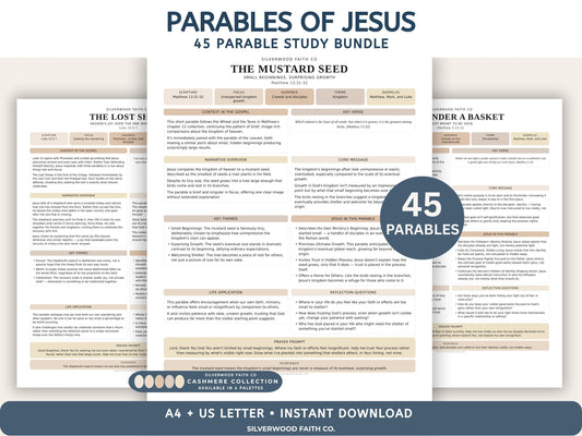 Parables of Jesus Study Guide, 45 Parable Summaries Bible Study Notes, Jesus Teachings, Christian Lessons, CASHMERE (Digital Download) 544