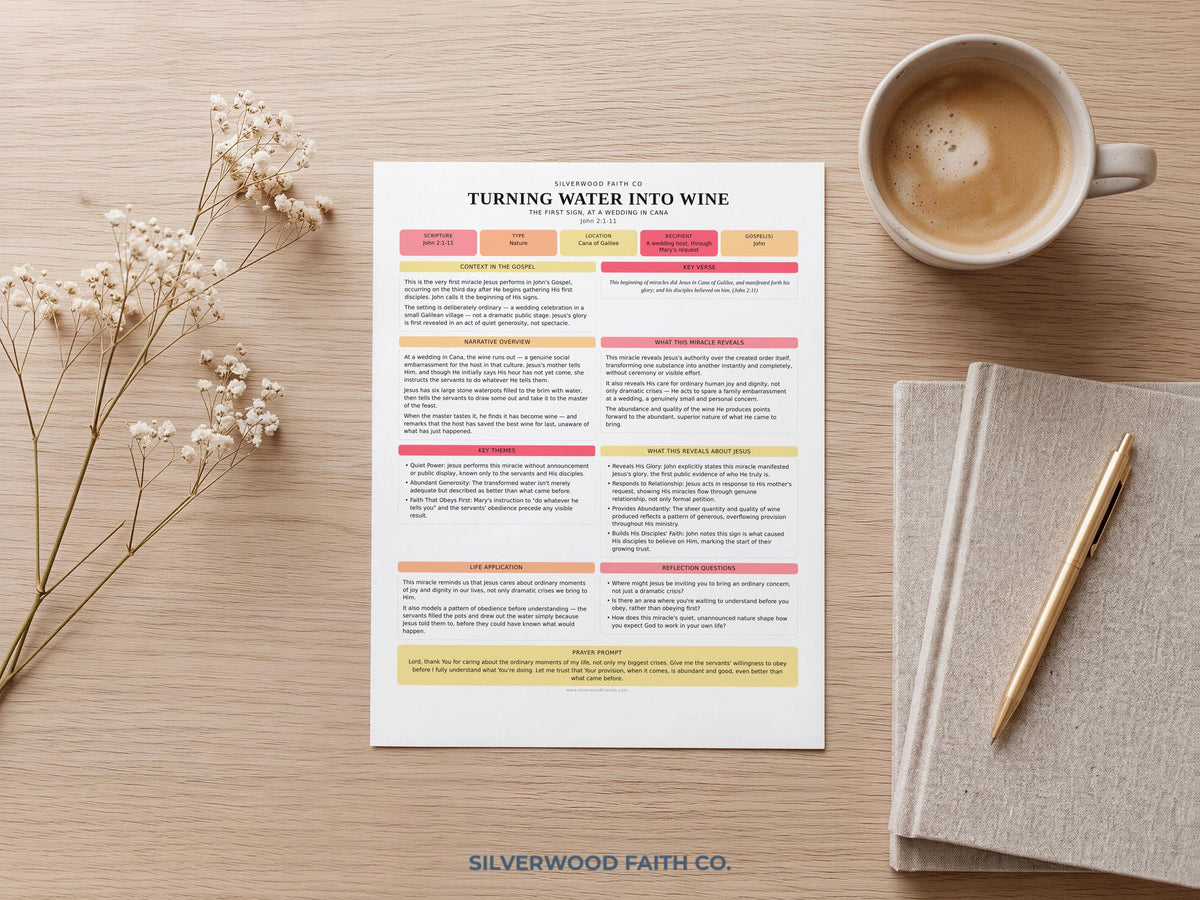 Turning Water Into Wine digital worksheet poster art with soft typography and cozy aesthetic for Christian homeschool resource collections