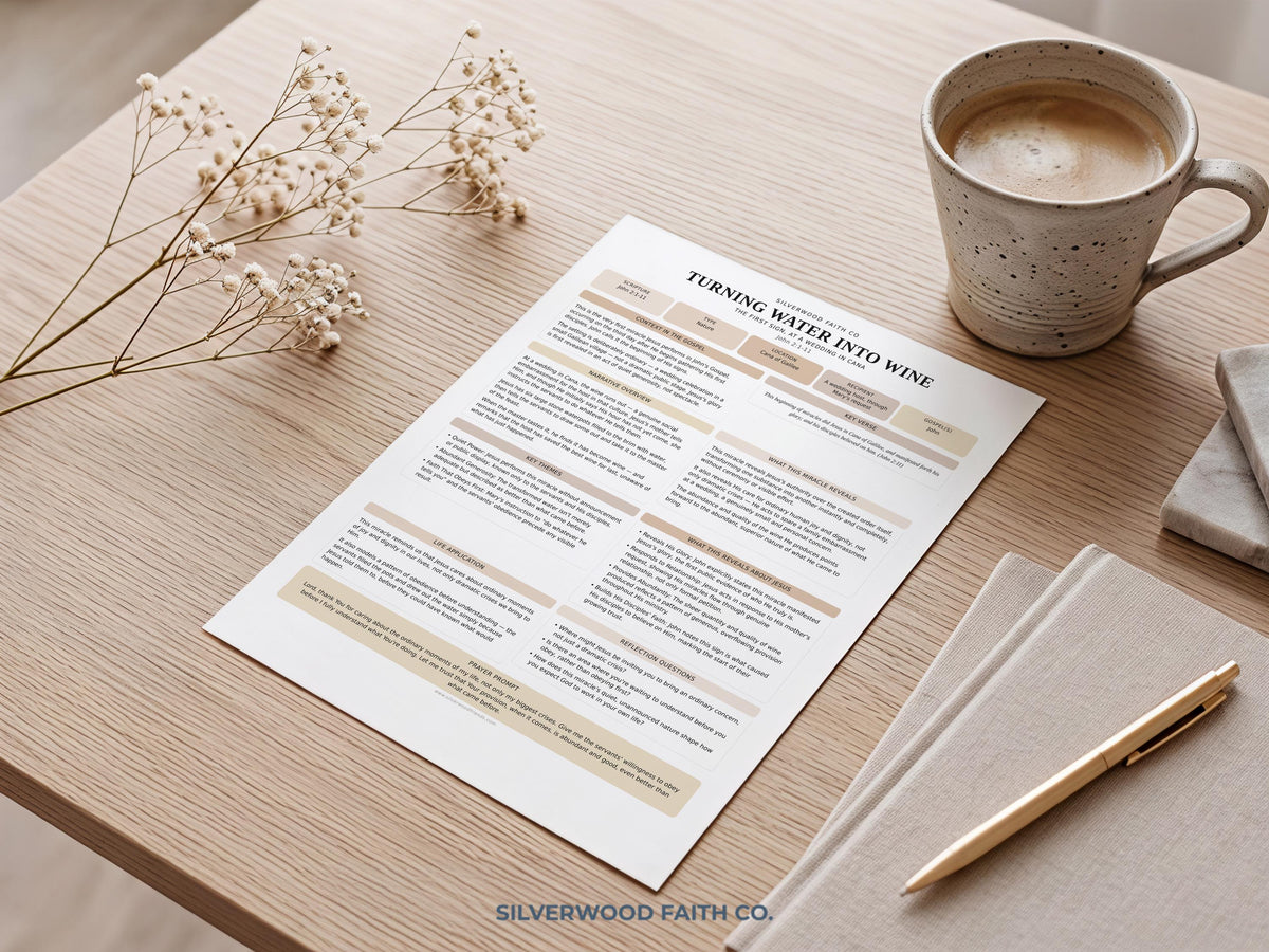 Faith journey wall print with organized study format — gentle cottage-style Bible worksheet digital art for quiet reflection