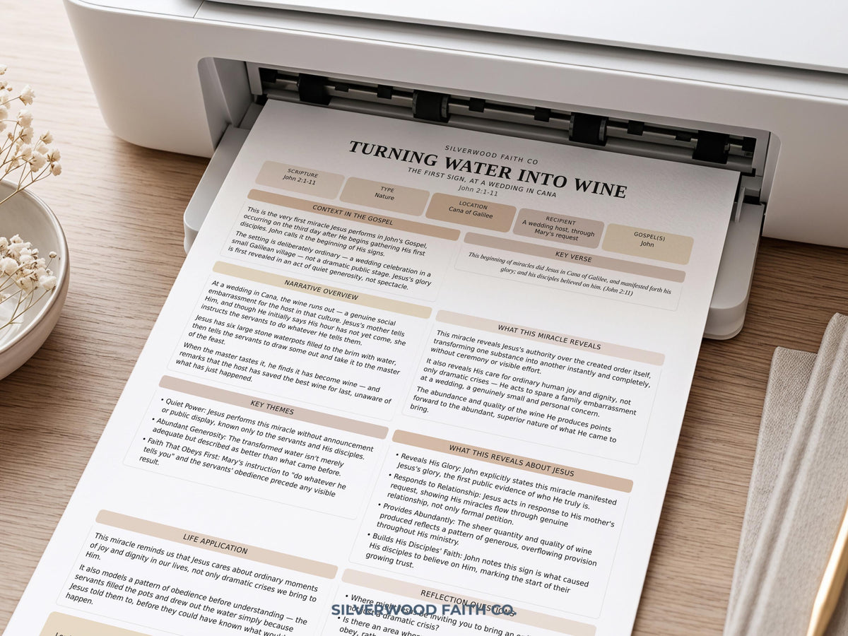 Spiritual devotional poster featuring Bible miracle lesson — cream and tan printable artwork for contemplative morning routine