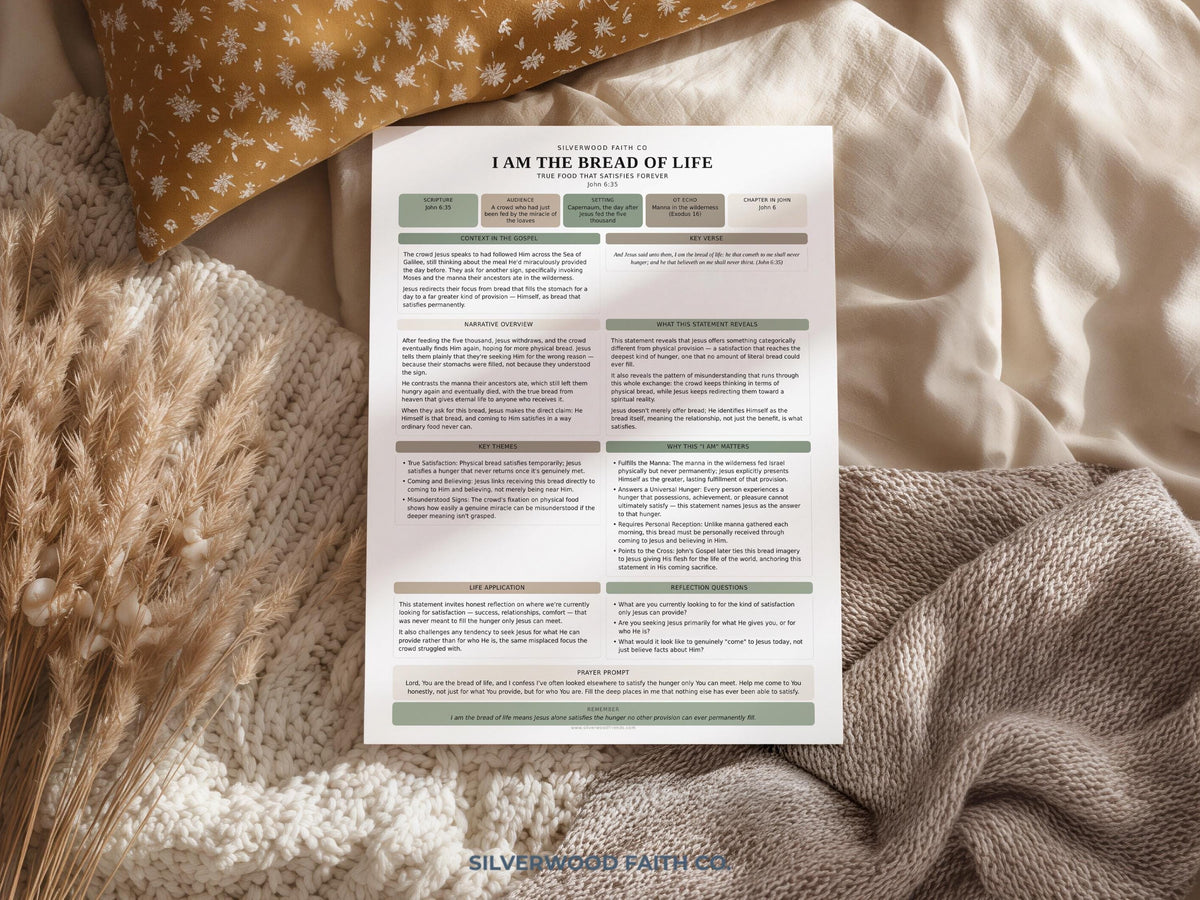 Bible journaling printable for study space — dedicated "I Am the Bread of Life" reflection guide with soft earth-tone aesthetic
