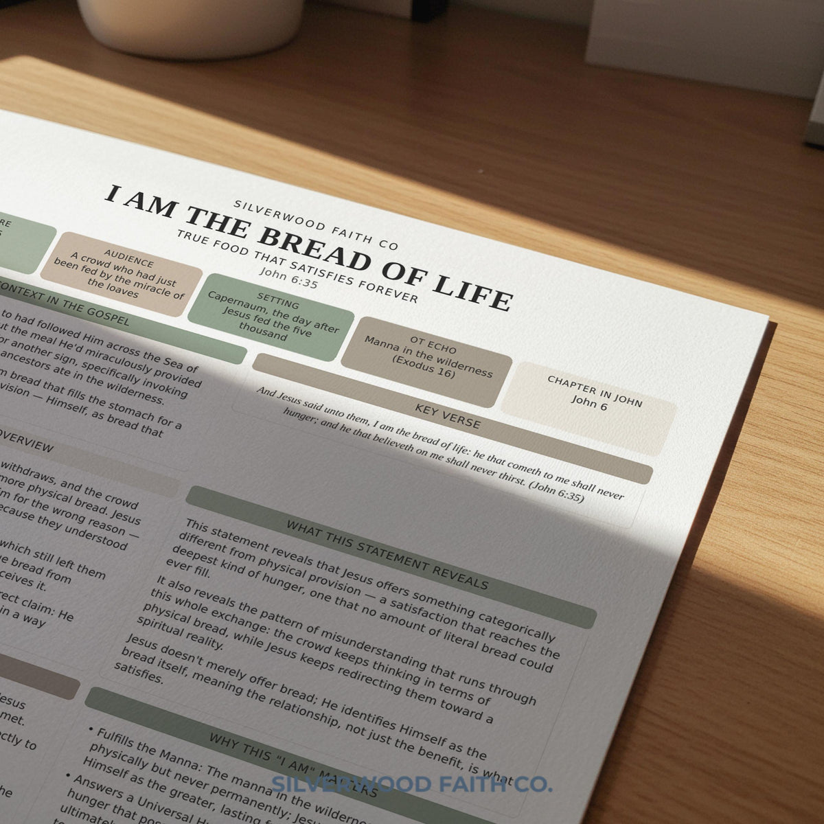 Religious study worksheet poster printable featuring verse exploration prompts, cottage-inspired layout, and calming soft palette