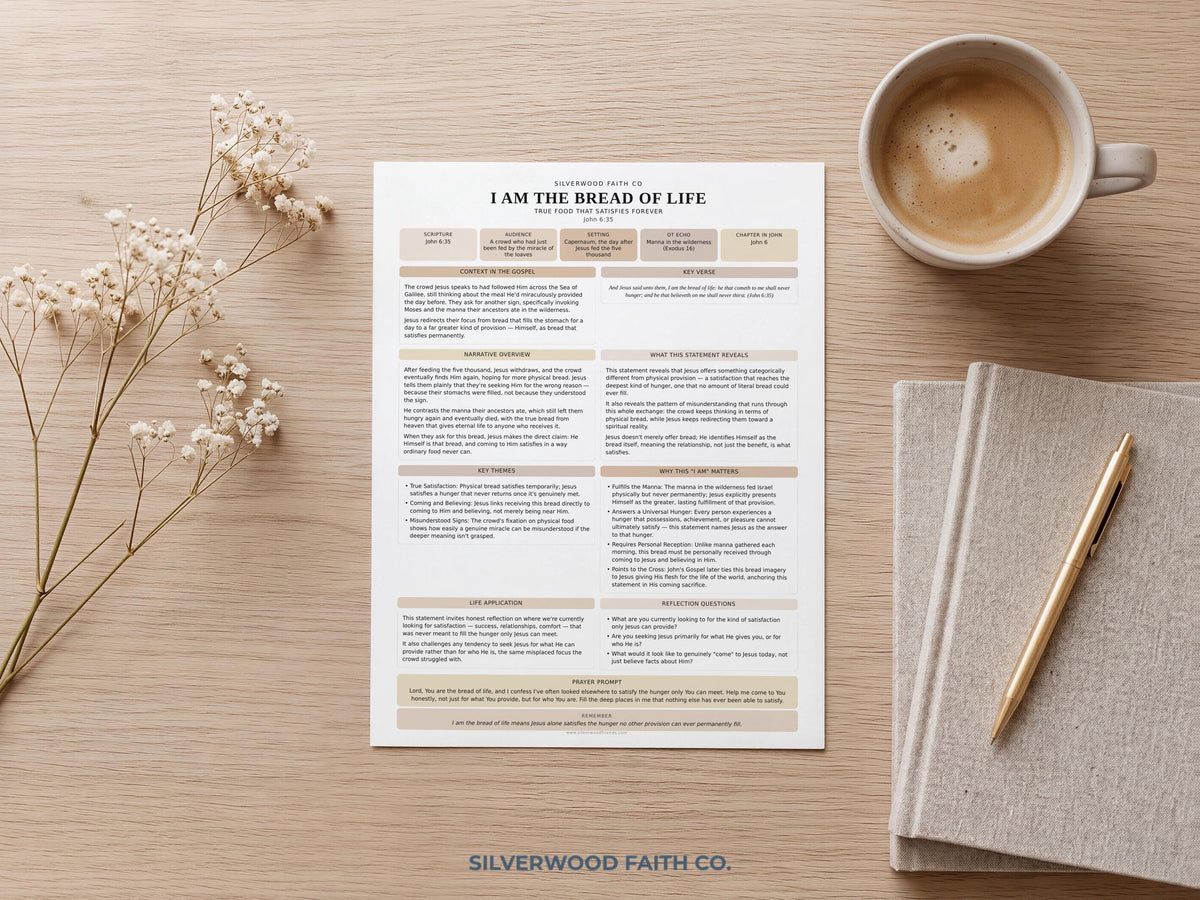 Bible study worksheet printable art for bedroom — "I Am the Bread of Life" scripture guide with soft cream and tan minimalist design