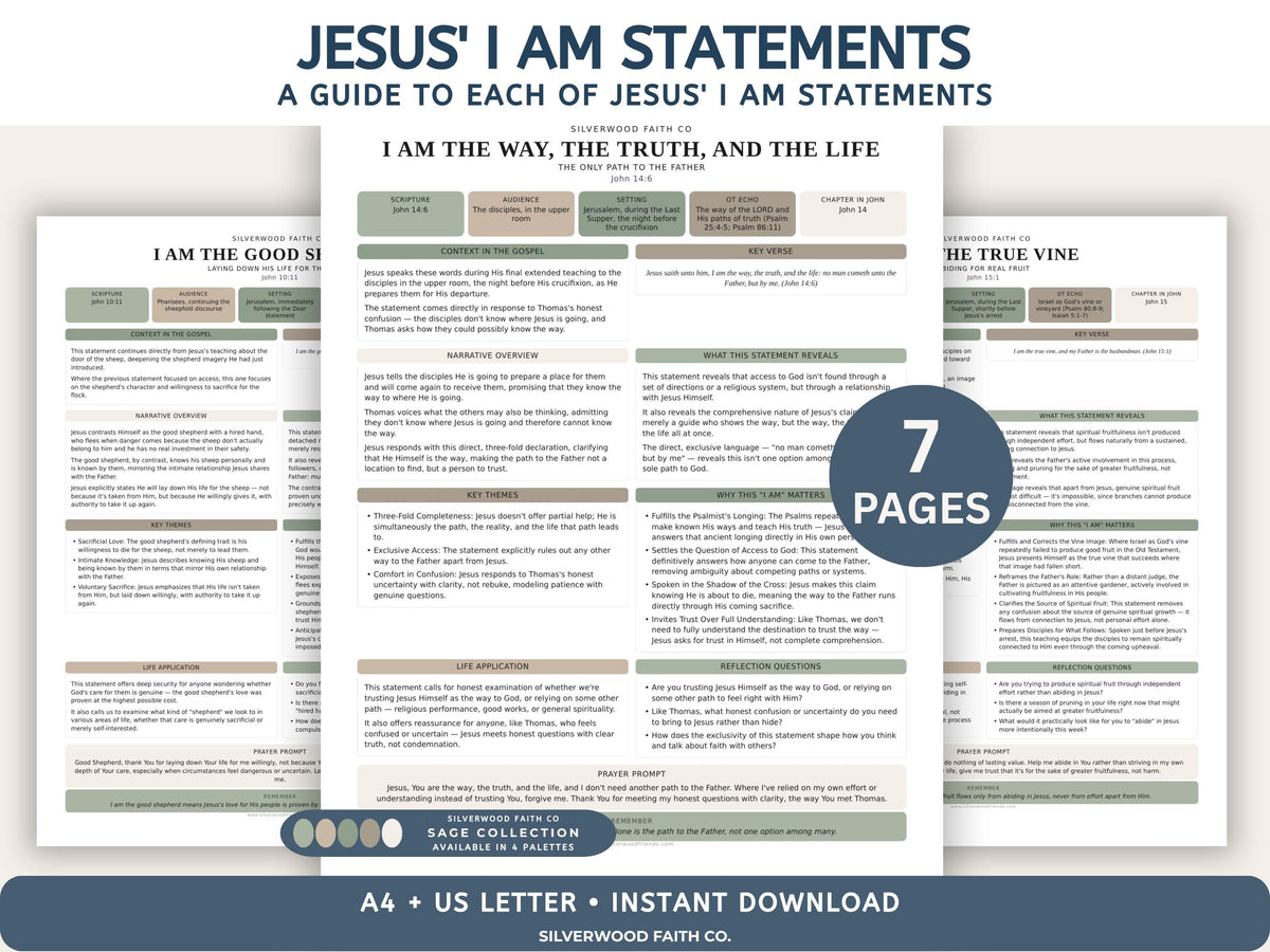 I Am Statements of Jesus, Bible Study Guides, Jesus I AM Statements Printable Worksheets, SAGE BOTANICAL (Digital Download)