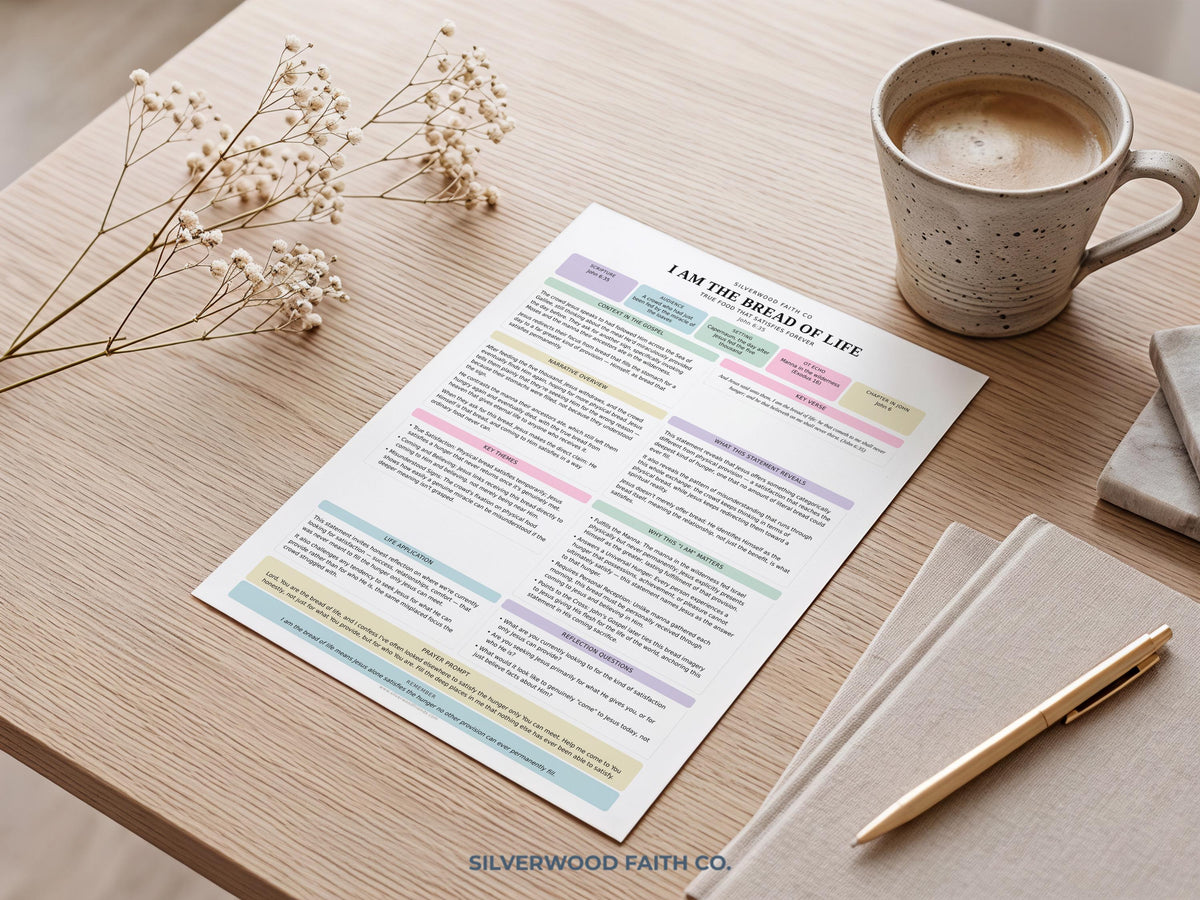 Faith-based Bible journaling printable featuring soft blush and blue sections for guided reflection and prayer notes
