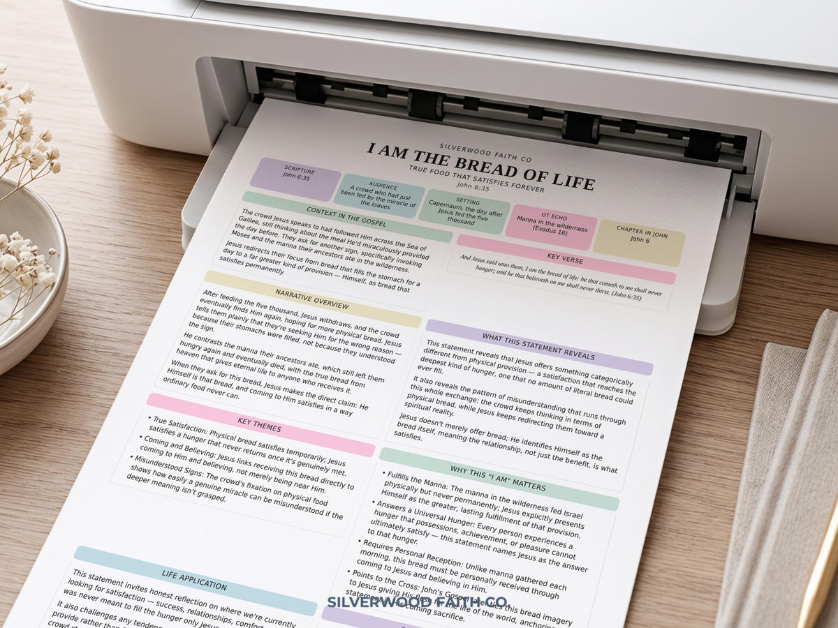 Cozy faith devotional printable art for Sunday school — color-blocked study guide with soft aesthetic and journaling sections