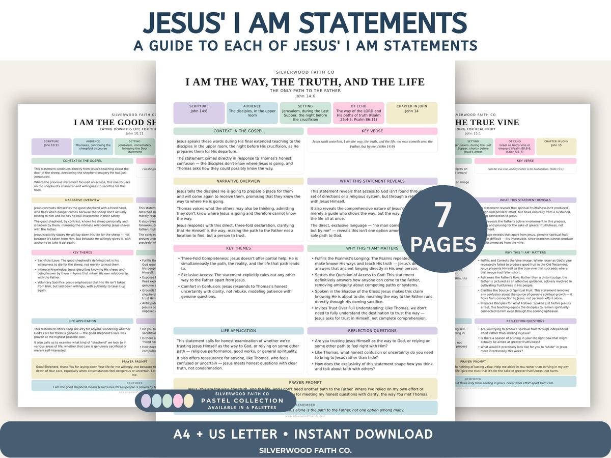 I Am Statements of Jesus, Bible Study Guides, Jesus I AM Statements Printable Worksheets, PASTEL (Digital Download)