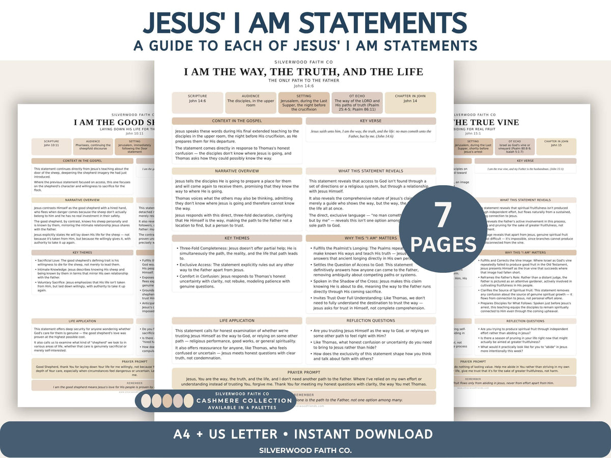 I Am Statements of Jesus, Bible Study Guides, Jesus I AM Statements Printable Worksheets, CASHMERE (Digital Download)