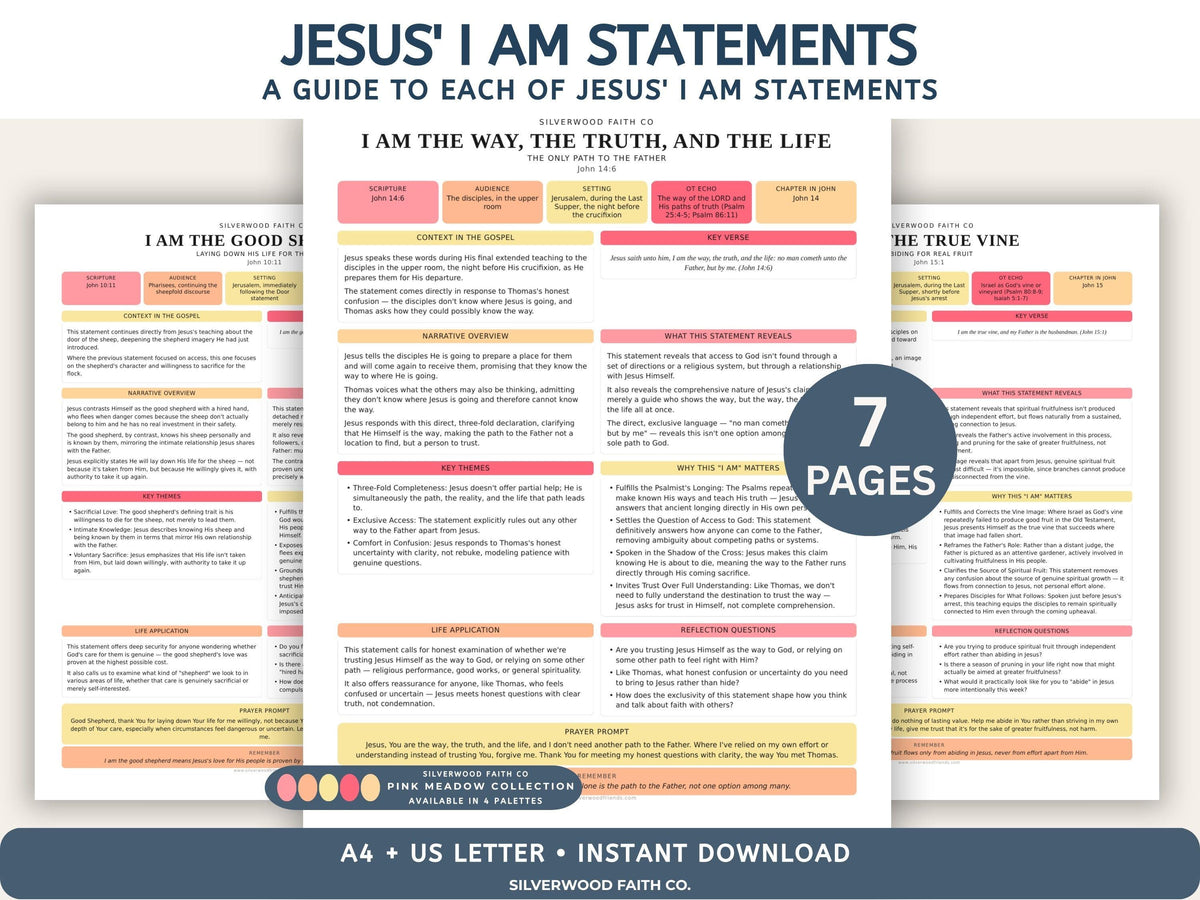 I Am Statements of Jesus, Bible Study Guides, Jesus I AM Statements Printable Worksheets, PINK MEADOW (Digital Download)