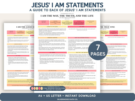 I Am Statements of Jesus, Bible Study Guides, Jesus I AM Statements Printable Worksheets, PINK MEADOW (Digital Download)