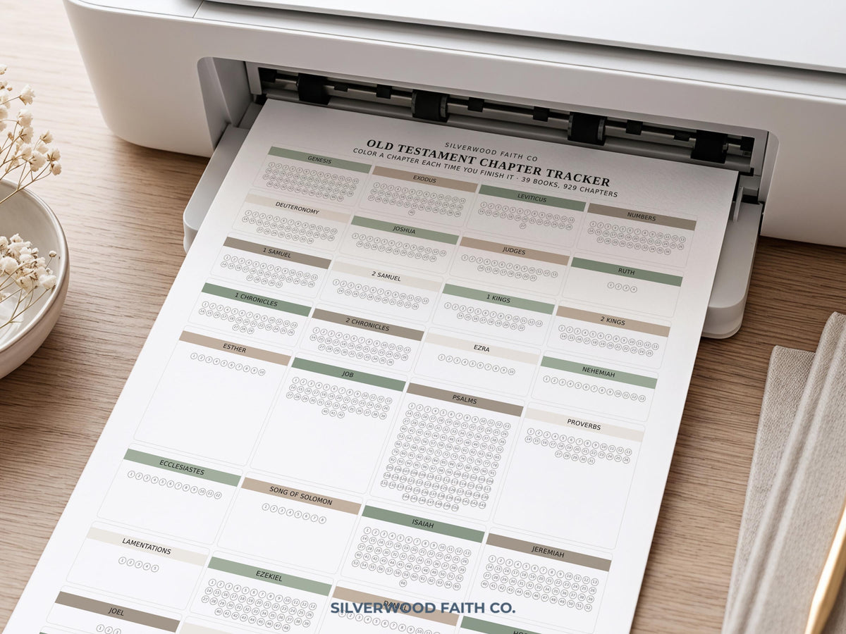 Devotional chapter logbook poster featuring functional Bible progress design — soft-toned grid system for consistent scripture habits
