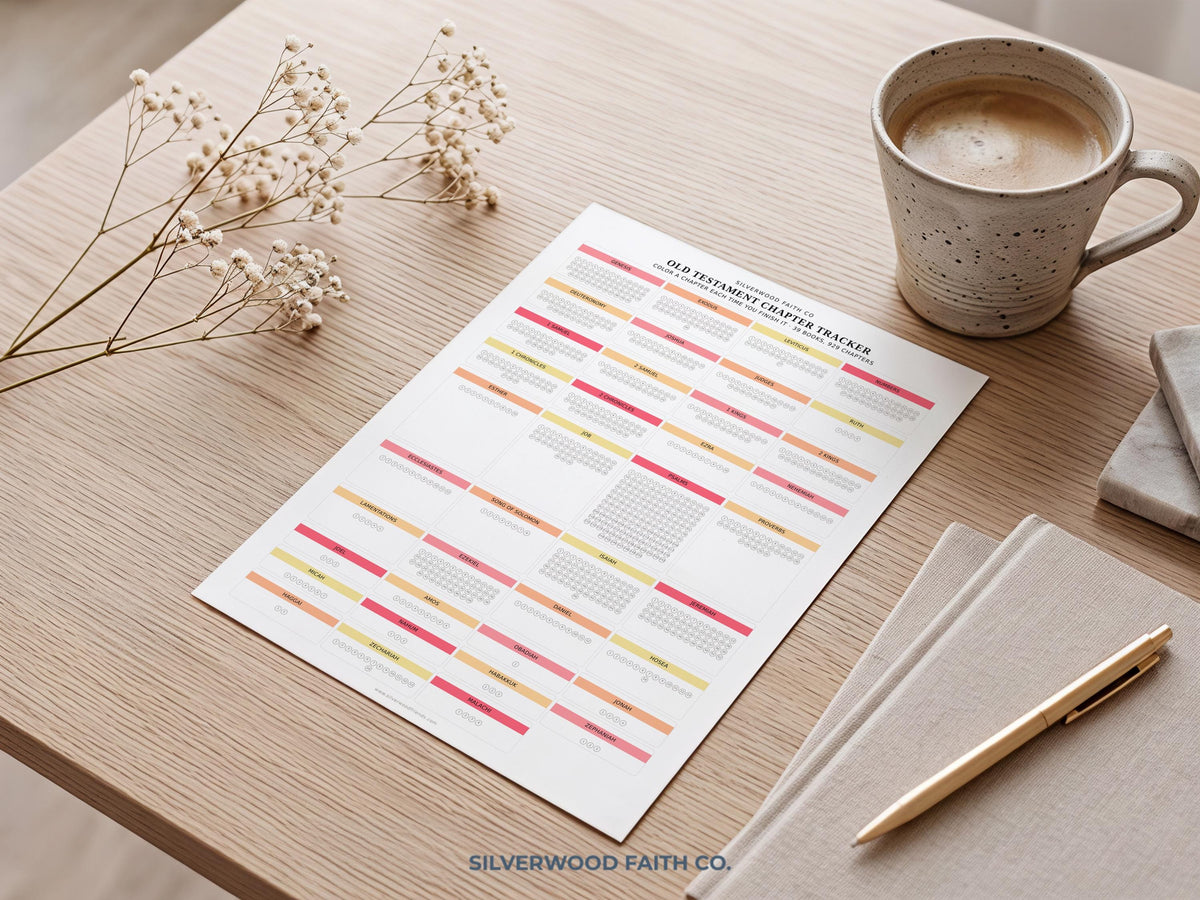 Scripture study guide poster for home libraries — checkbox tracker in soft pink palette with minimal, organized design
