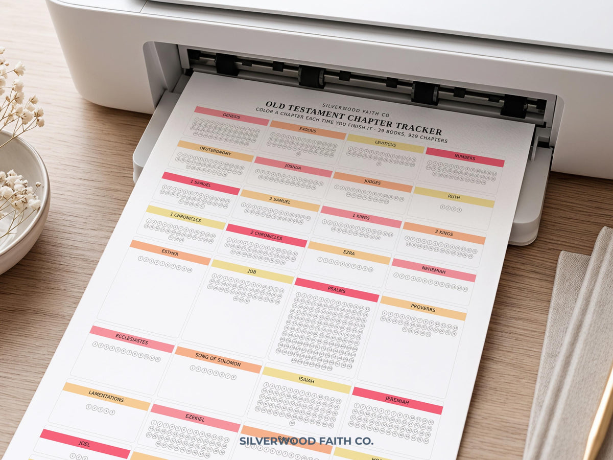 Christian reading checklist printable for spiritual growth — lined chapter grid with calming coral and rose hues