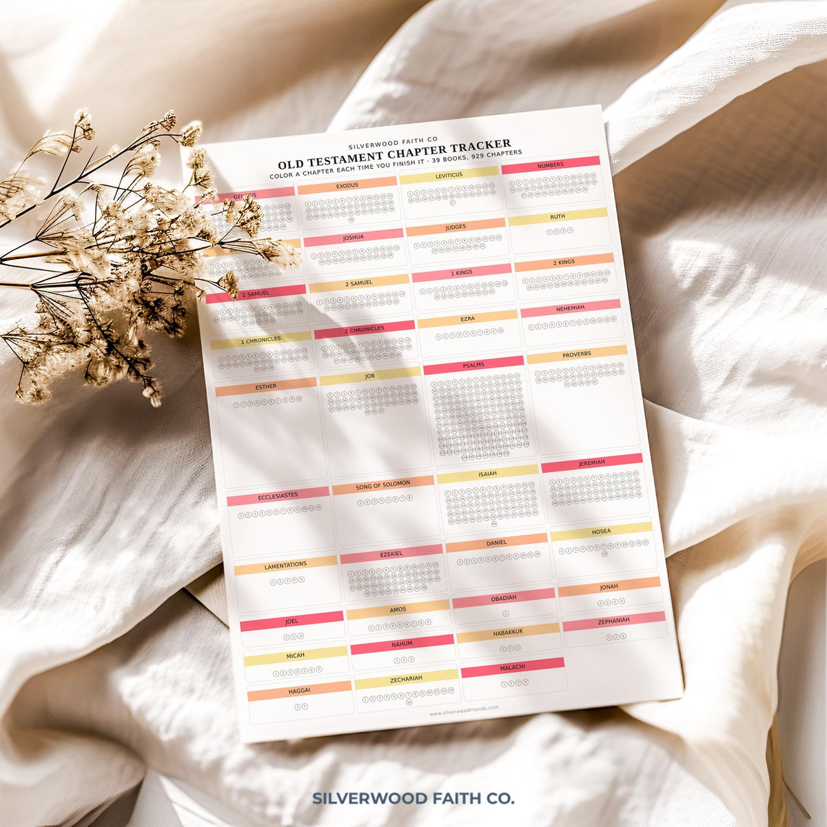 Old Testament chapter tracker printable art for Bible study — blush pink checklist with soft coral and mustard grid layout
