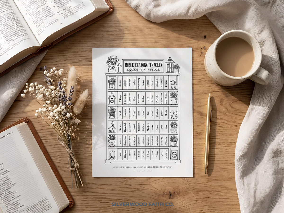 Christian faith printable wall art for prayer space — organized book spines with decorative accents, banner text, and nurturing cottage aesthetic
