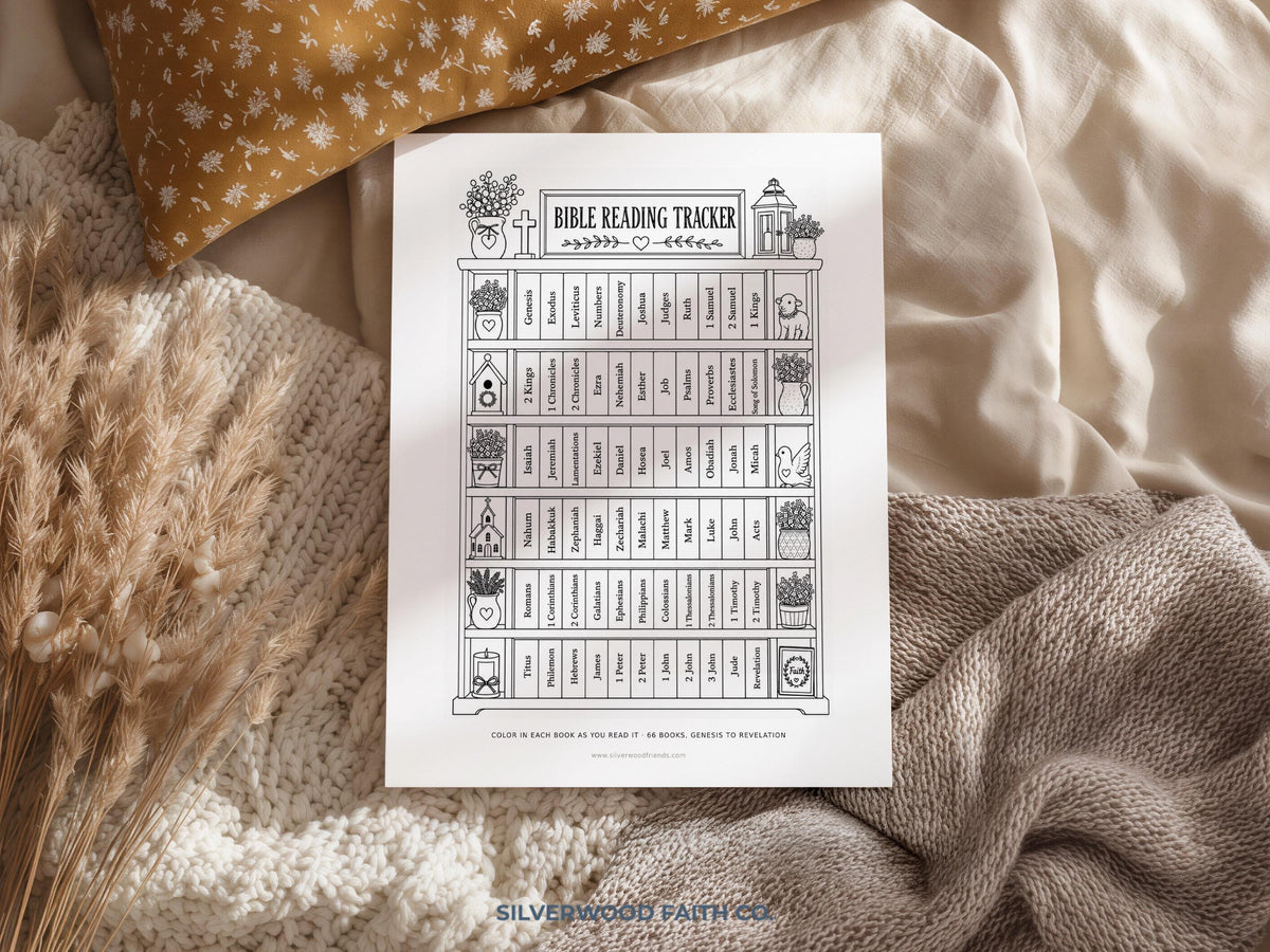 Christian reading plan poster art — minimalist black ink bookcase graphic with labeled scriptures and homey plant decorations
