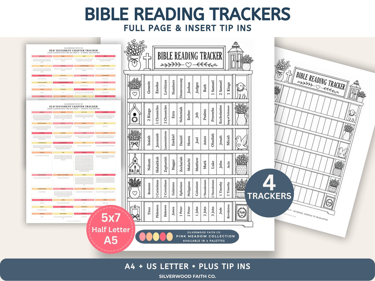 Bible Reading Tracker, Printable Books of the Bible Bookshelf Tracker, Printable Bible Study Template, PINK MEADOW (Digital Download) 568
