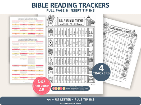 Bible Reading Tracker, Printable Books of the Bible Bookshelf Tracker, Printable Bible Study Template, PINK MEADOW (Digital Download) 568