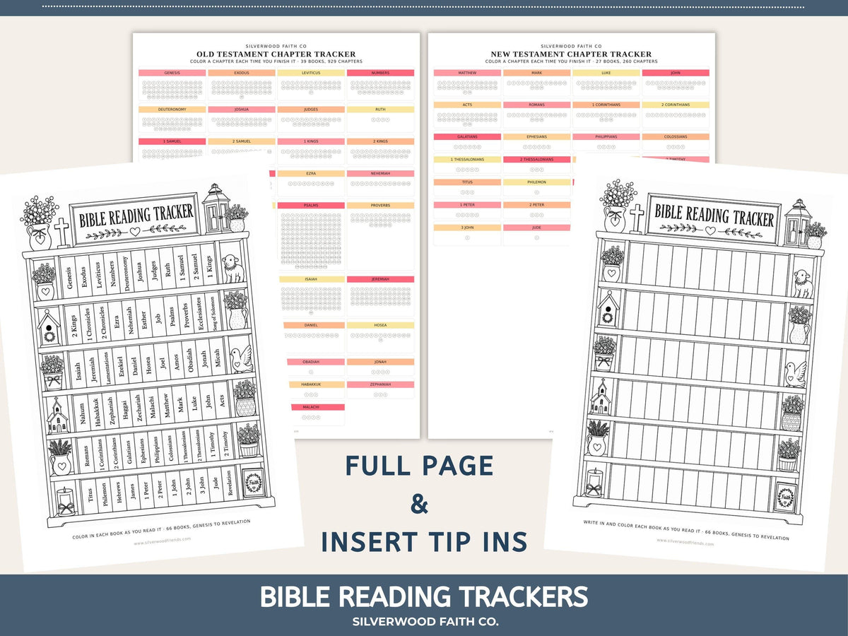 Bible Reading Tracker, Printable Books of the Bible Bookshelf Tracker, Printable Bible Study Template, PINK MEADOW (Digital Download) 568