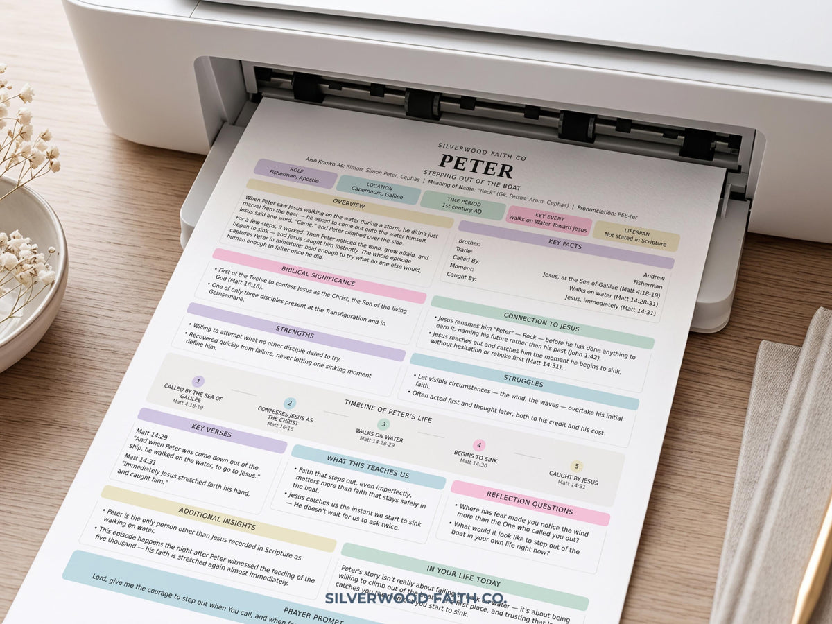 Bible character study instant download for church — Peter lesson featuring pastel headers and workbook-style layout