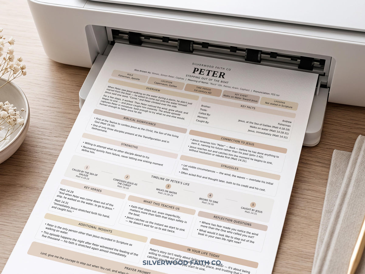 New Testament study artwork printable template with character summaries, key facts, and guided notes in soft editorial design