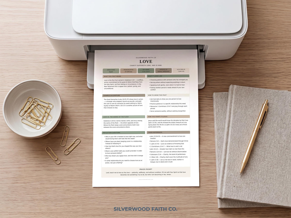 Love fruit of the spirit digital download for Christian home — printable worksheet with clean design and calming sage green styling