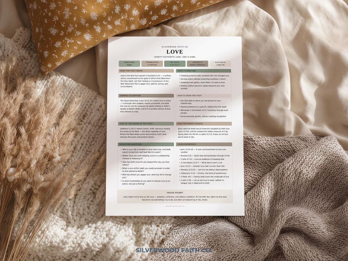 Bible lesson printable poster for Sunday school — Love devotional worksheet with structured layout and serene botanical styling
