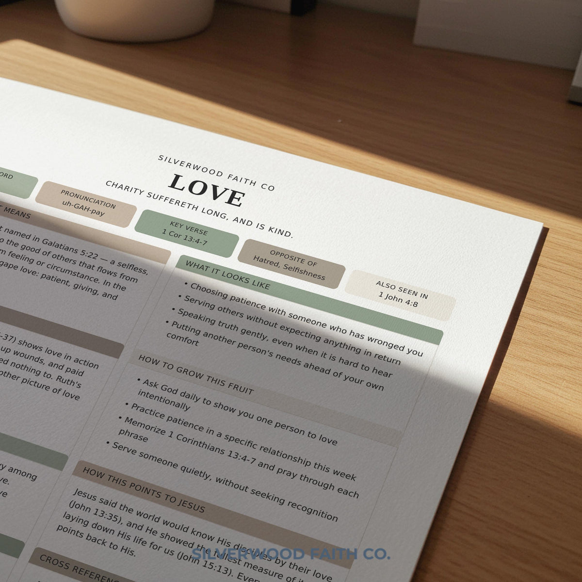 Fruits of the Spirit Love lesson digital download — organized reflection guide with soft green botanical accents for Bible journaling