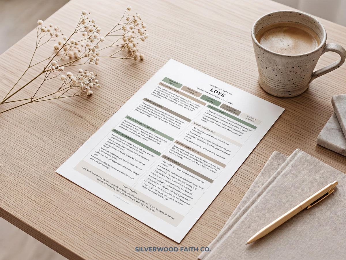 Love devotional poster featuring structured study layout — calming sage botanical design for faith-based home or office