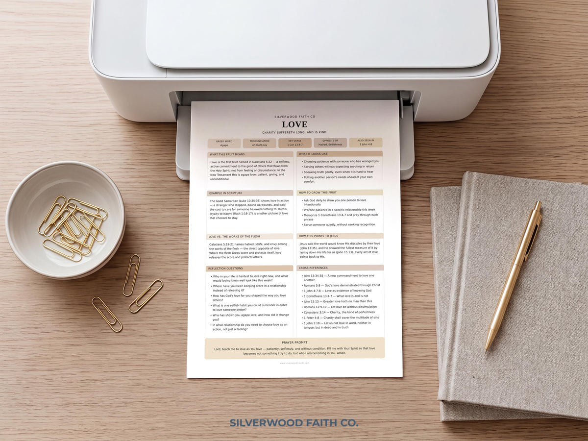 Scripture reflection digital print featuring structured study guide layout — minimalist cream and beige Christian worksheet for home prayer areas