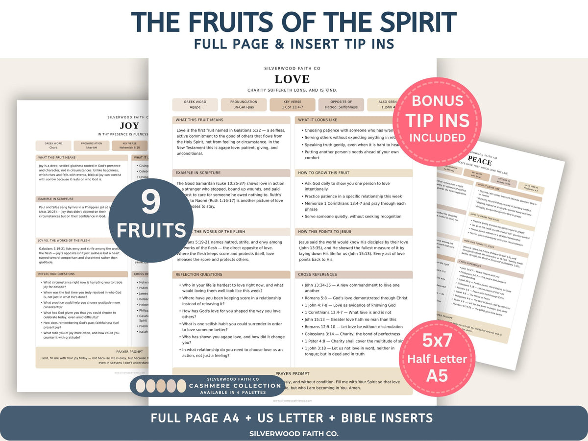 Fruit of the Spirit Study Guide Bundle, Galatians 5 Bible Study, Full Page Worksheets & Bible Insert Tip Ins, CASHMERE(Digital Download) 575