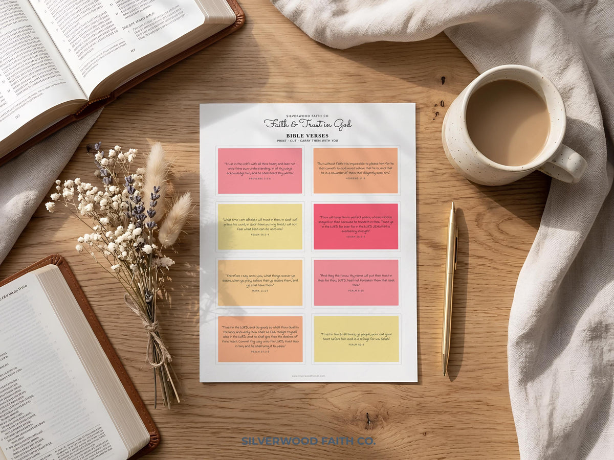 Bible study visual aids poster print—cheerful devotional cards with warm color blocking, inspirational verses, and modern christian design