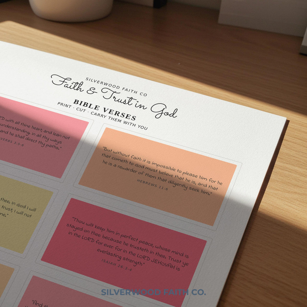 Uplifting scripture card set wall art—contemporary faith-based printable featuring mustard and coral palette, typography, and meditative mood
