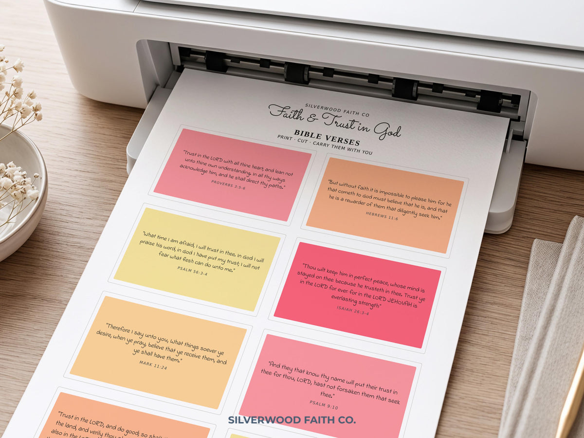 Bible verse cards digital print for bedroom—uplifting devotional design with warm color palette and minimalist card layout