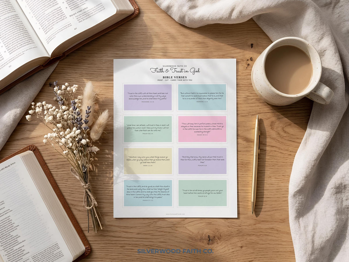 Scripture card digital print set with eight inspirational faith-based designs in mint, blush, lavender, and sky blue