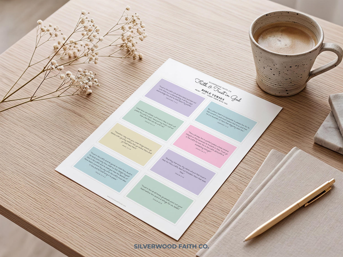 Christian prayer journal printable featuring handwritten-style Bible verses on color-blocked background cards