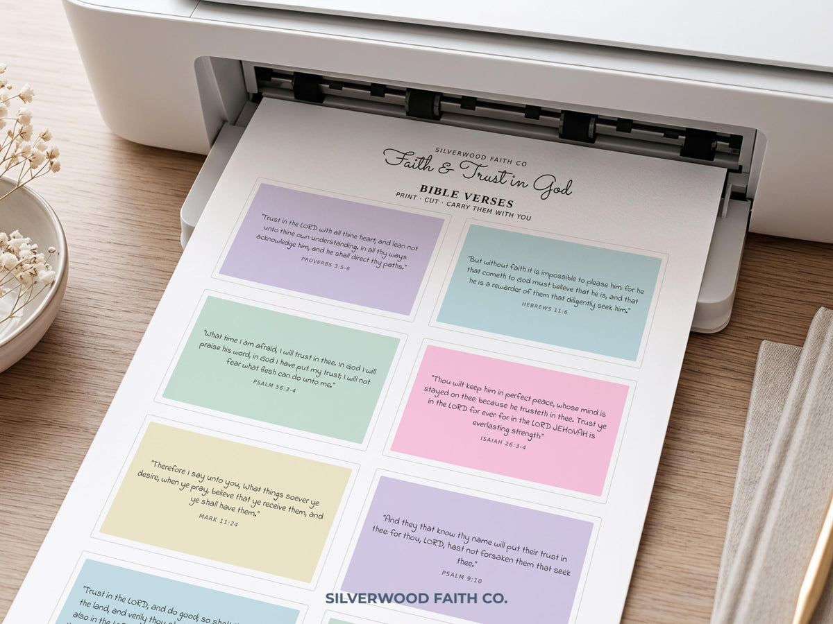 Religious digital download artwork featuring faith verses with soft typography on organized pastel backdrops