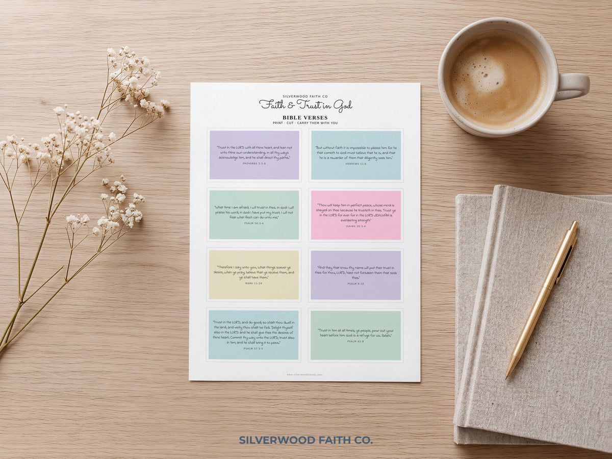 Sunday school prayer card digital artwork with handwritten-style religious quotes on soft color blocks