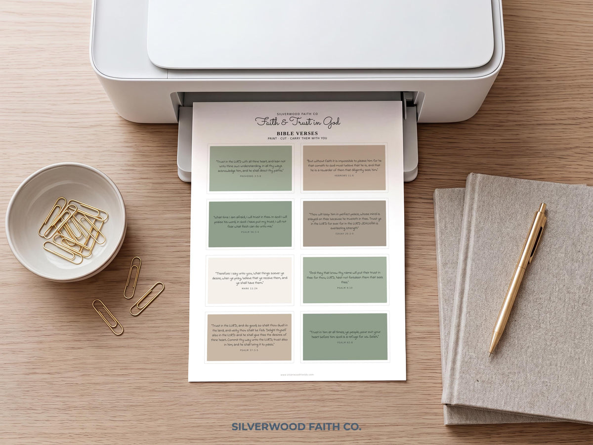 Christian gifts digital print — eight cutting-ready Bible verse cards with simple color-block layout and calming neutral palette