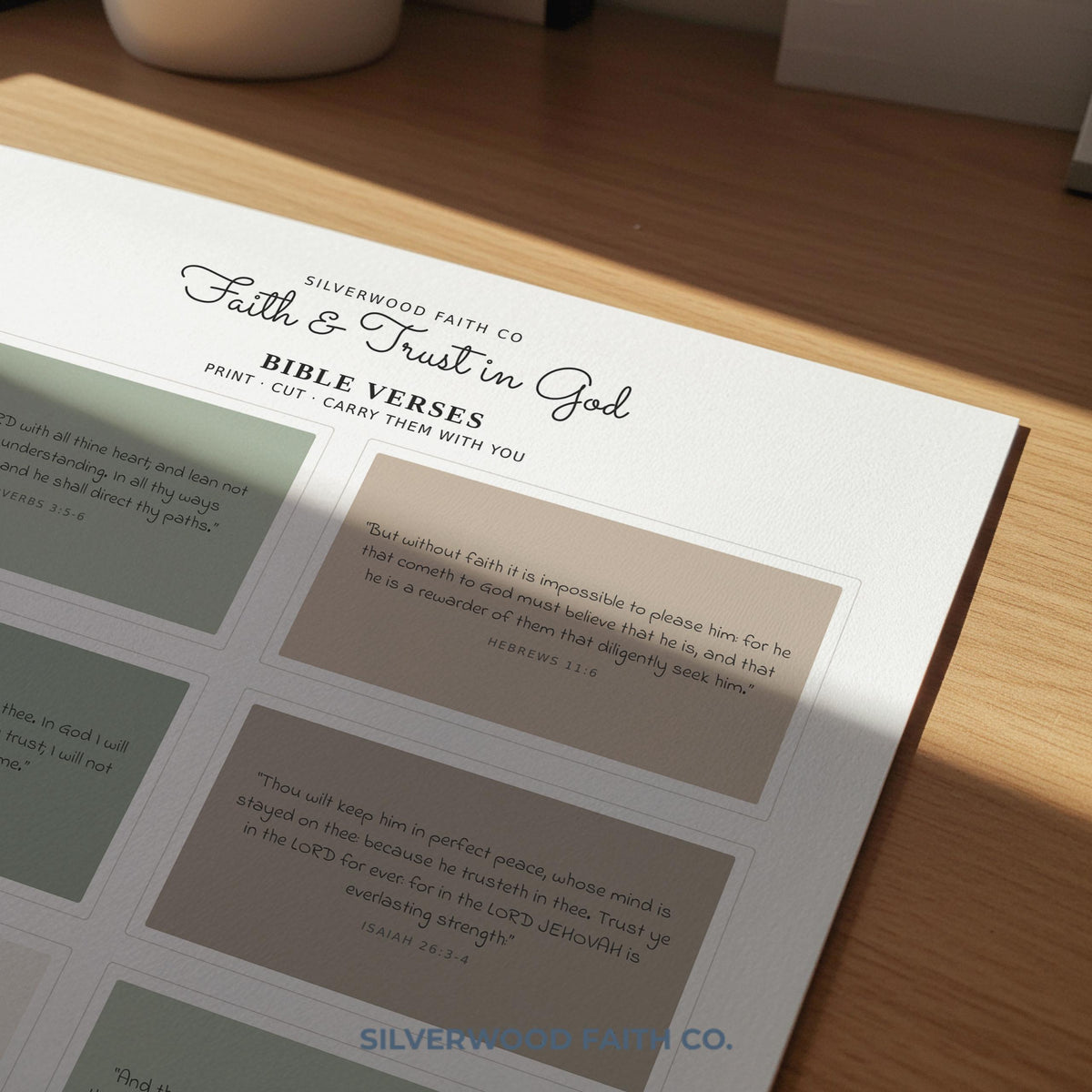 Bible verse digital print for study space — eight motivational scripture cards with elegant lettering and cozy minimalist style