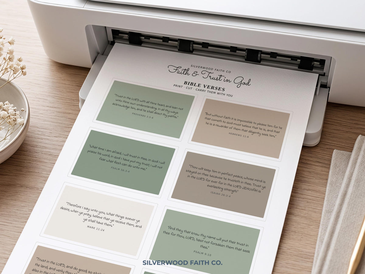 Bible study printable poster art with minimal design elements, sage green backgrounds, and centered verse citations