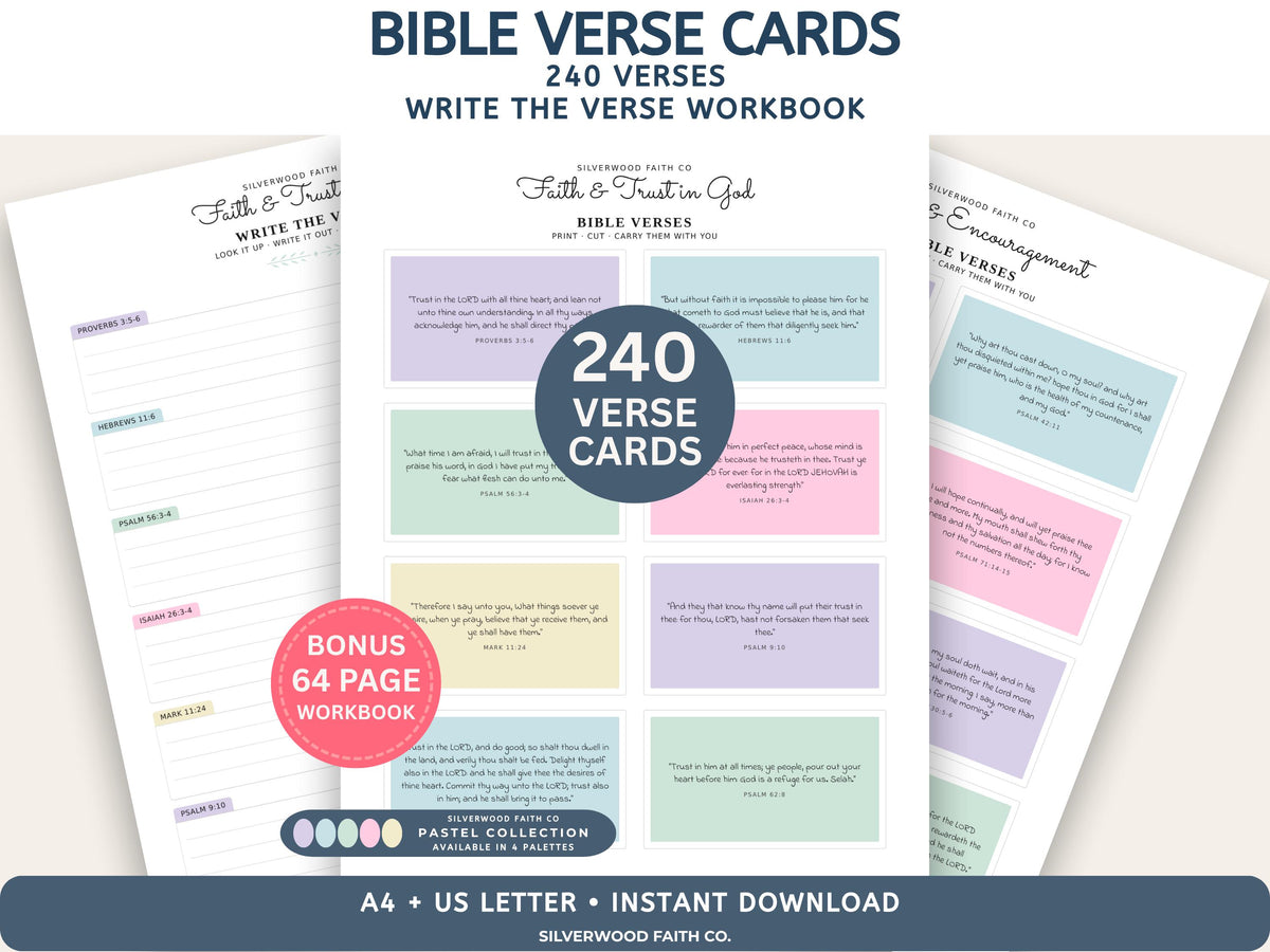 240 Bible Verse Cards, Printable Scripture Cards, Bible Study Memory Verse Cards, Prayer Cards, Printable PDF, PASTEL (Digital Download) 589