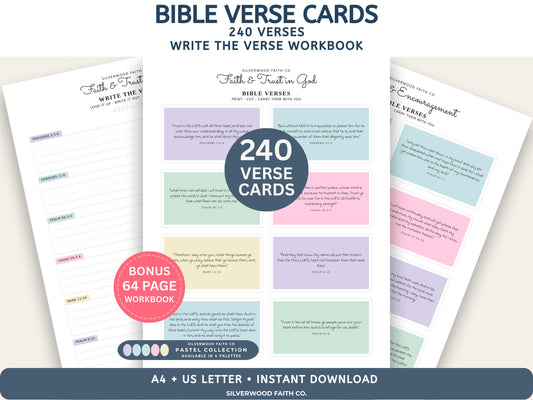 240 Bible Verse Cards, Printable Scripture Cards, Bible Study Memory Verse Cards, Prayer Cards, Printable PDF, PASTEL (Digital Download) 589