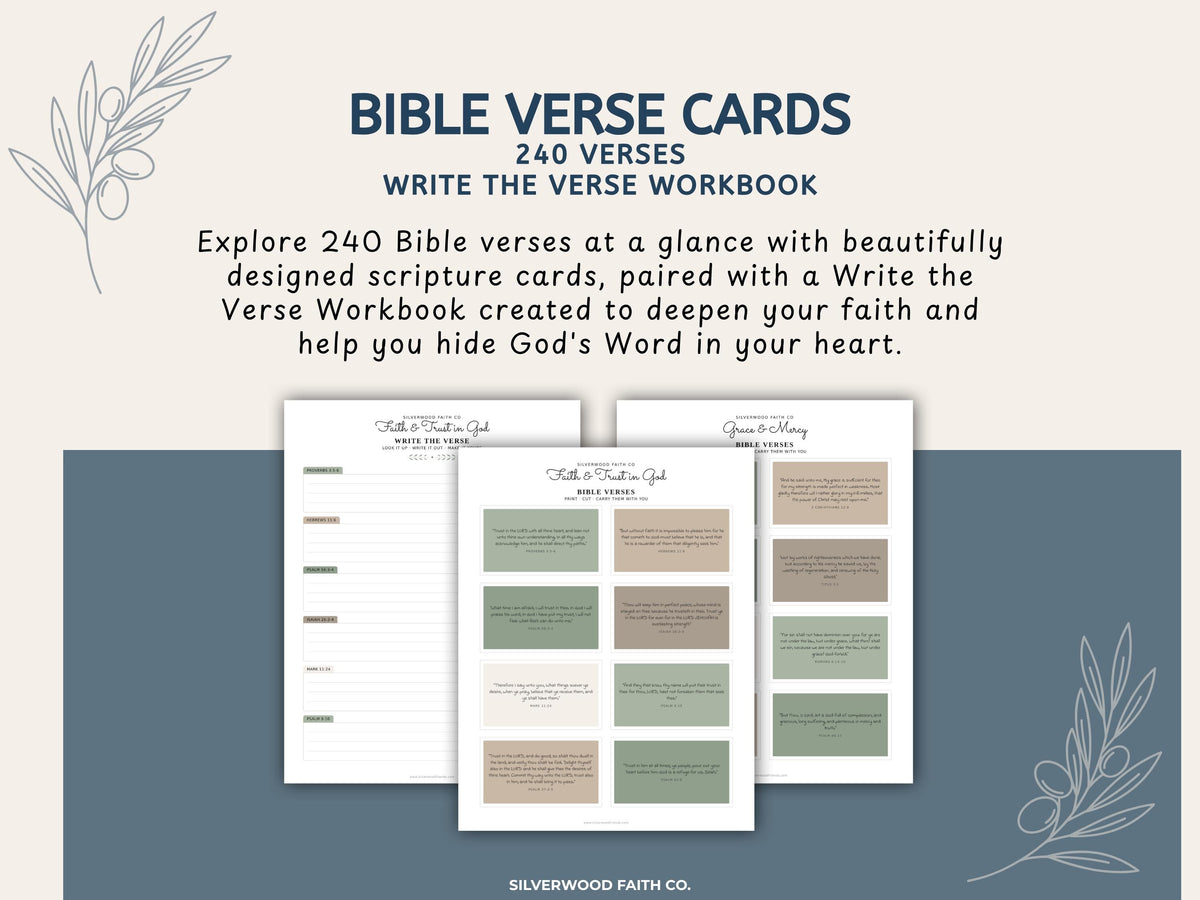 240 Bible Verse Cards, Printable Scripture Cards, Bible Study Memory Verse Cards, Prayer Cards, Printable PDF, SAGE (Digital Download) 586