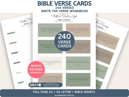 240 Bible Verse Cards, Printable Scripture Cards, Bible Study Memory Verse Cards, Prayer Cards, Printable PDF, SAGE (Digital Download) 586