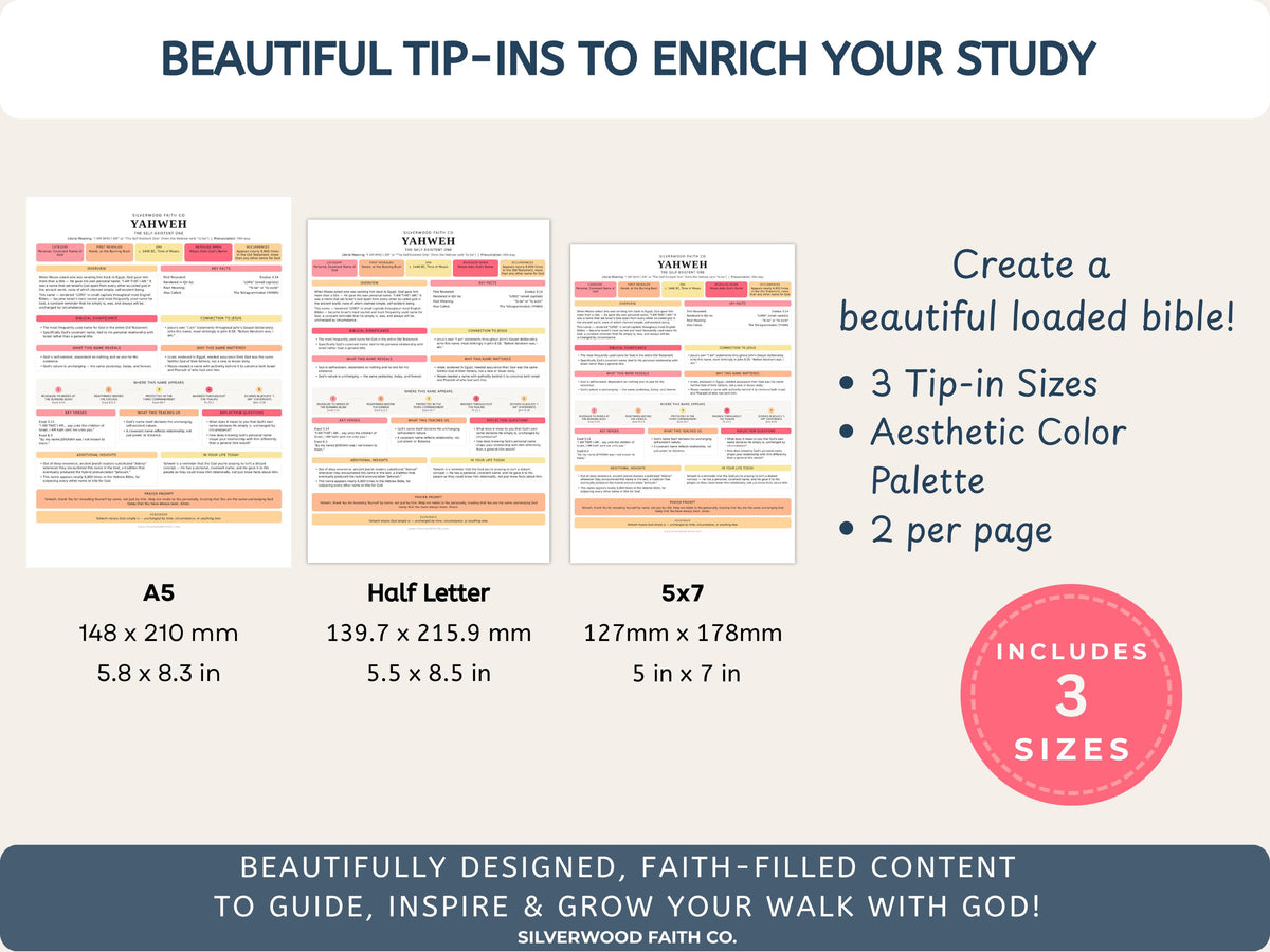 Bible Inserts 50 Names of God Bible Study Guide, Bible Tip-Ins 50 Summaries on God's Name in the Bible, PINK MEADOW (Digital Download) 538